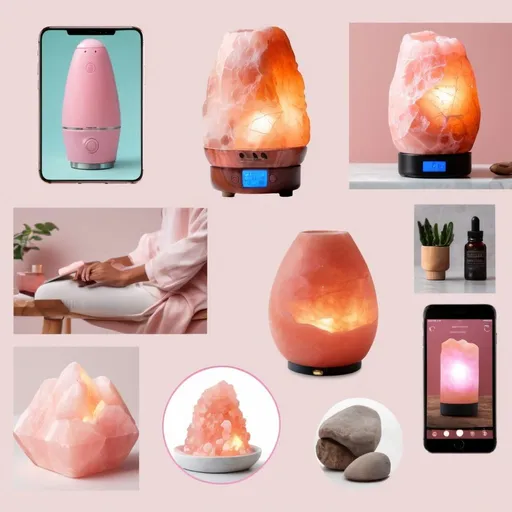 Prompt: A series of images showcasing modern uses of pink: pink Himalayan salt lamps, pink tech gadgets like smartphones, and gender-neutral pink clothing. Include an innovative pink design in wellness or technology.