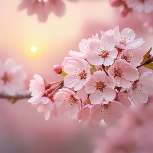 Prompt: A soft, pastel-colored image featuring pink cherry blossoms in full bloom or a serene pink sunrise. This image should evoke feelings of warmth and tenderness.
