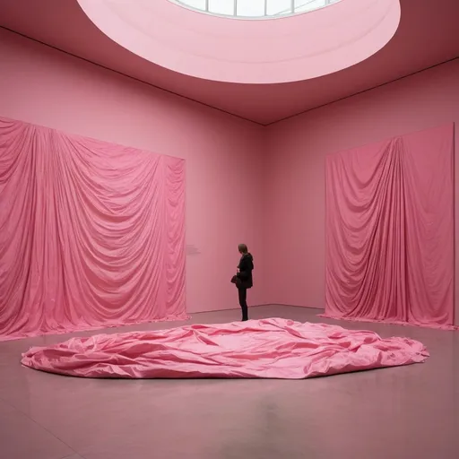 Prompt: Images of famous artworks that prominently feature pink, such as Christo and Jeanne-Claude's pink installations. Include a modern pink-themed art piece for contrast.

