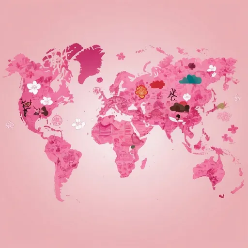 Prompt: A world map highlighting different cultural associations with pink. Use icons or images to represent Japan’s cherry blossoms, Chinese symbols of luck, Indian symbols of love, and Ghanaian mourning traditions.