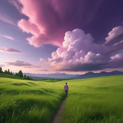 Prompt: man standing in a lush green grassy field staring at fluffy cumulus clouds, (vibrant) pink and purple sky, dreamy atmosphere, (highly detailed) landscape, tranquil scenery, (serene) ambiance, soft and warm lighting, (4K) resolution, beautiful twilight, harmonious colors, (immersive) natural beauty