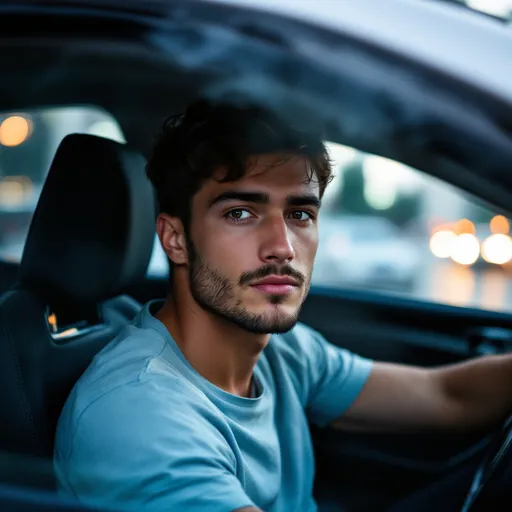 Prompt: Seated in a car, a young man gazes directly at the camera with a calm demeanor, his short, dark hair and neatly trimmed beard framing a thoughtful expression. Dressed in a light blue T-shirt, he showcases a casual style, while the interior of the vehicle reflects a sense of movement, indicated by the blurred cityscape visible through the windows. Outside, the environment hints at a bustling urban setting, with other cars and structures partially obscured by the glass. The lighting is soft yet sufficient, creating an intimate atmosphere that invites a connection with the subject, as he appears momentarily captured in a narrative of travel or daily life.