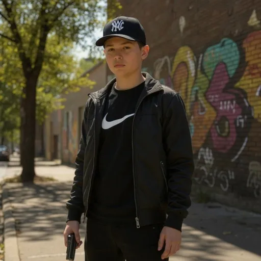 Prompt: , a young boy holds a glock with a switch,he wears a nike tech and a black nyc fitted cap,in the hood and is slightly skinny