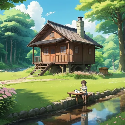 Prompt: 2d studio ghibli anime style. Anime scene: a small wooden house located in the middle of a peaceful forest, next to a cool stream flowing gently under the bright sunshine of an early summer day, in front of the house, a man was sitting sipping a cup of coffee on a small oak chair, next to a small oak table, surrounded by colorful flowers blooming on smooth green grass. 