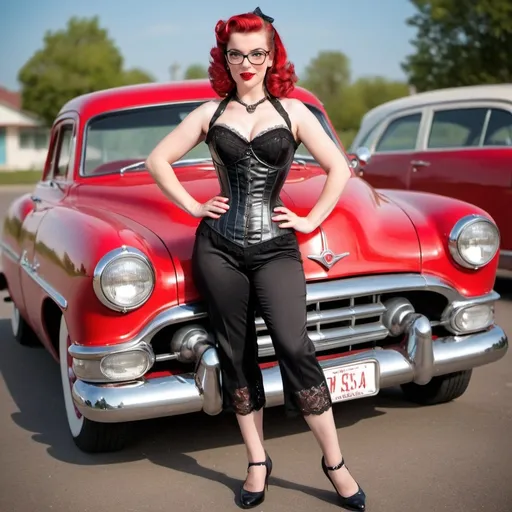 Prompt: glam librarian pinup wearing PVC LACE corset and CAPRI PANTS posing with red 1950's retro car