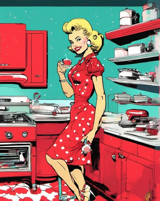 Prompt: A captivating, vintage-style illustration of a blonde pinup housewife in a 1950s kitchen of the future. The woman is dressed in a red dress with white polka dots, and she exudes a sultry elegance. The kitchen is filled with retro futuristic appliances, round glass containers, and glowing dials. The overall ambiance of the illustration evokes a blend of nostalgia