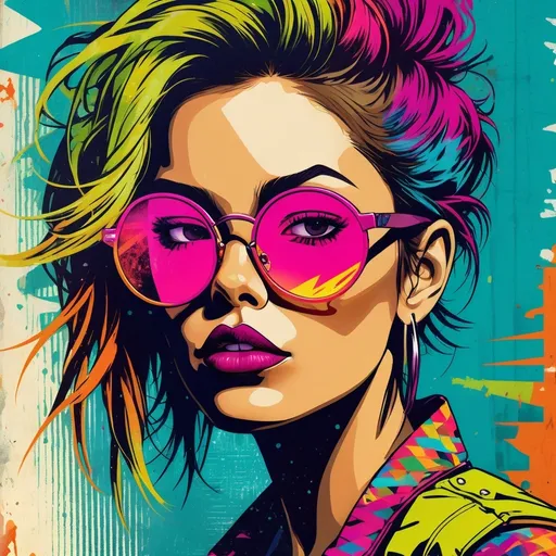 Prompt: A captivating conceptual illustration featuring a fashionable woman with tousled hair and trendy mirror glasses, exuding edgy attitude. The close-up portrait showcases her striking profile. The halftone pattern, featuring vibrant neon colors, adds depth and texture to the piece. The piece has a distressed look. The illustration has an editorial feel, with graffiti and poster art elements, illustration, poster, cinematic, graffiti, conceptual art, painting