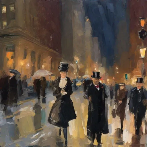 Prompt: Stylized rough 5th avenue by night impressionistic painting with large palette-knife, A proper Victorian society portrait ruined by a mischievous woman photobombing with a cheeky grin
