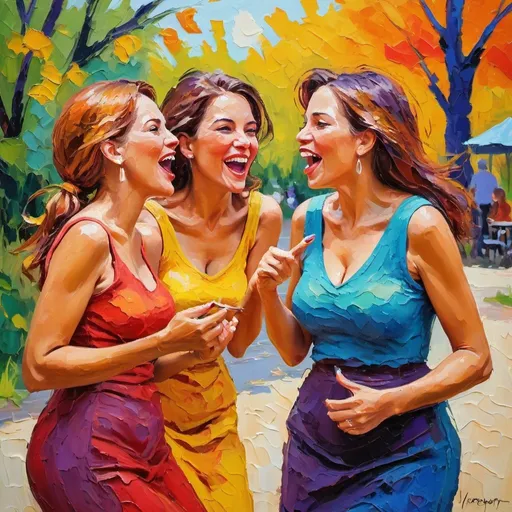 Prompt: Carefree wild women gossiping in thick impasto, impressionistic style, vibrant colors, lively brushwork, expressive gestures, bustling outdoor setting, high quality, thick impasto, impressionism, vibrant colors, lively brushwork, expressive gestures, carefree, wild women, gossiping, outdoor setting, fun atmosphere