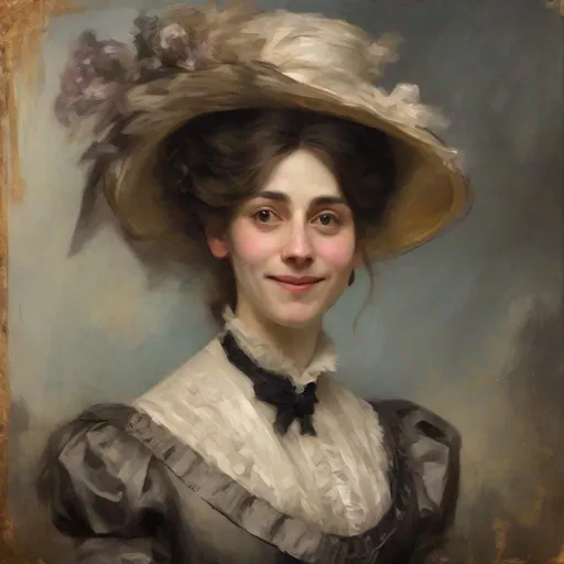 Prompt: oil paint head Visible strokes,rough edges,muted colors.Warm lighting neutral A proper Victorian society portrait ruined by a mischievous woman photobombing with a cheeky grin
