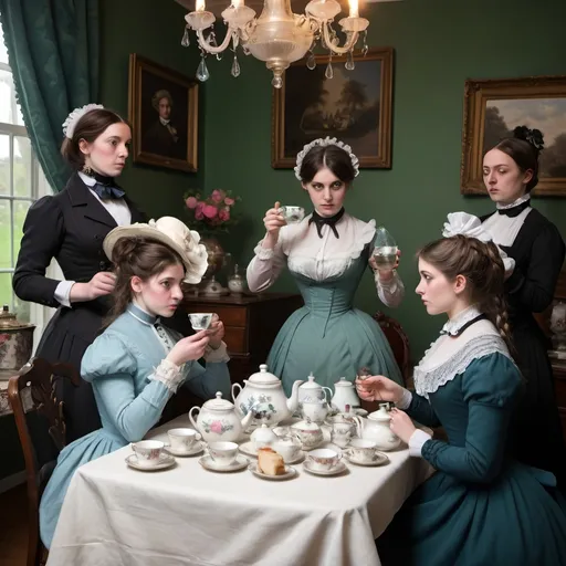 Prompt: A prim and proper Victorian tea party disrupted by a rebellious woman sneaking in a flask of gin
