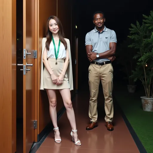 Prompt: A realistic picture of @Nufihok5FyIWhIGdbBSk. @Nufihok5FyIWhIGdbBSk has a delicate, white skin. She stands with her hands on the door to the hotel room, looking to the viewer. She wears a sand color suit vase, with a fitted short skirt, a pair of white strapped high heels. A man stands at her back, hug her waist intimately. He is an African, wearing polo shirt and trousers. The setting is a hotel corridor with forest on one side. It is dark, during night time. The corridor is dimly liy by faint lights.