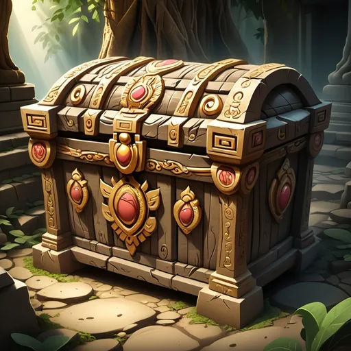 Prompt: a chest treasure covered by roots
in a temple in cartoon