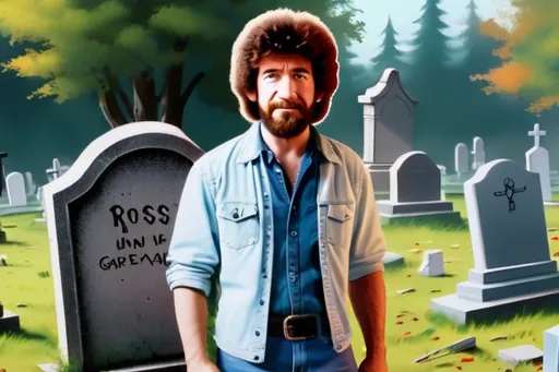 Prompt: Bob Ross standing in a graveyard, realistic 