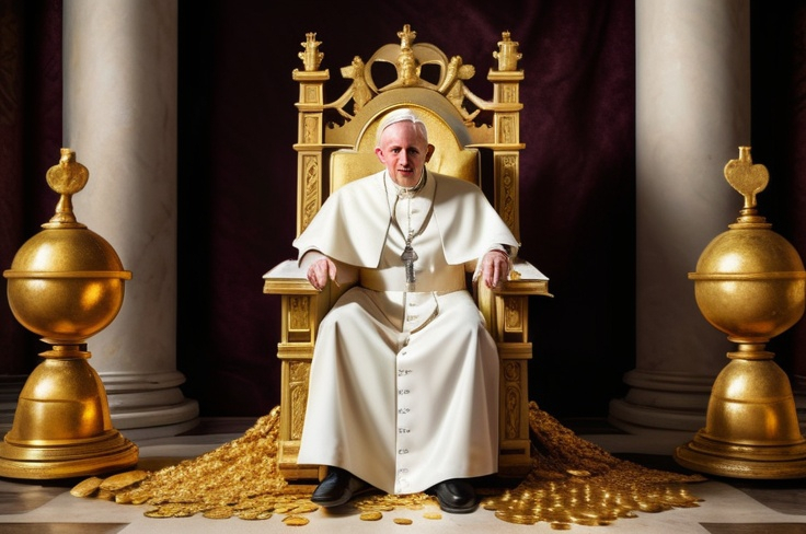 Prompt: The Pope sitting on a golden throne, surrounded by piles of glittering gold coins, holding a majestic golden staff, opulent, high quality, realistic painting, regal, golden tones, luxurious lighting