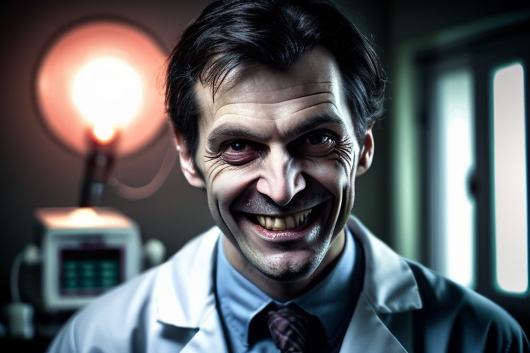 Prompt: Creepy doctor with unsettling smile, clinical setting, eerie atmosphere, high resolution, dark and moody, horror, detailed facial expression, sinister grin, medical equipment, dramatic lighting, chilling, chilling atmosphere