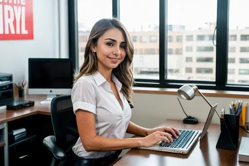 Prompt: Riley Reid working overtime in an office, at a desk, struggling 