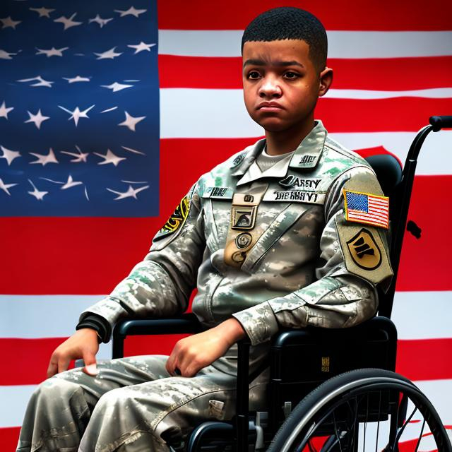 Prompt: US Army soldier with special needs, autism, handicapped, digital painting, detailed facial features, inclusive art, emotional expression, supportive environment, high quality, realistic, empathetic, warm lighting, respectful portrayal, military uniform, American flag, wheelchair accessibility