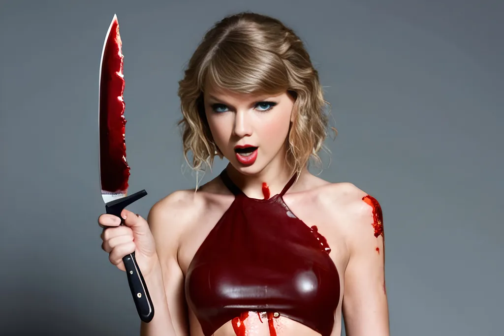 Prompt: Taylor Swift holding a bloody knife, boys neck