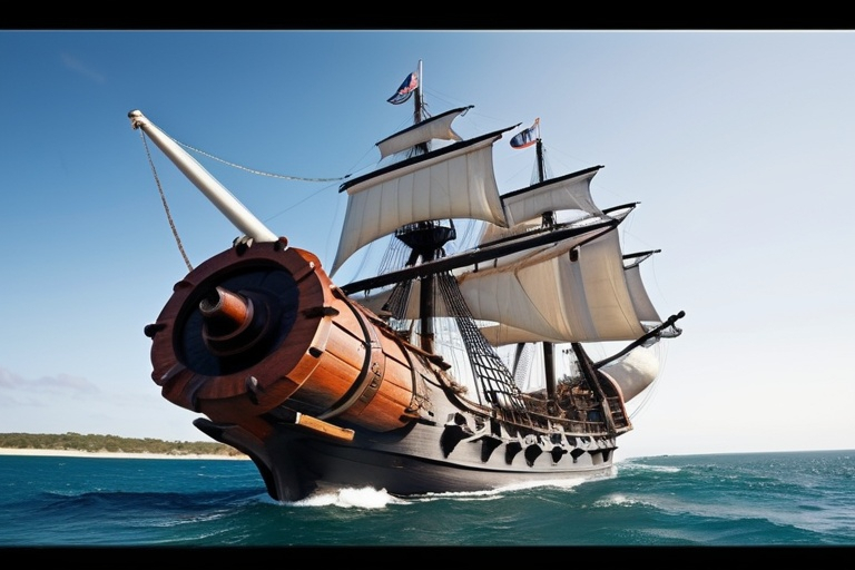 Prompt: Pirate ship with huge cannons, sailing