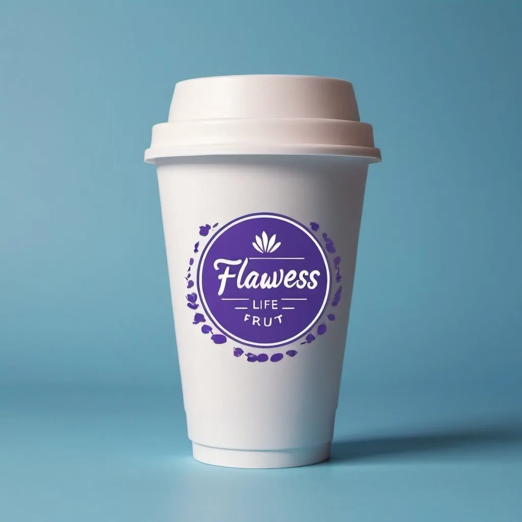 Prompt: Make a plastic disposable cup and label on logo. Logo must suitable for cafe. For logo make a  circle with mixer blue and purple colors and then put the name in the circle 'Flawless life'. And then draw some fruit around