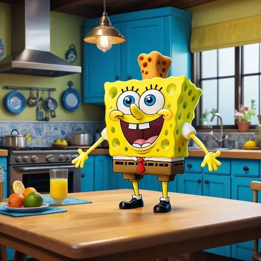 Prompt: Spongebobesquarepants standing on a table