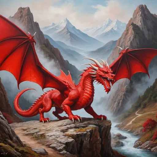 Prompt: A 2 D oil and canvas Red Dragon In front of a mountain pass 