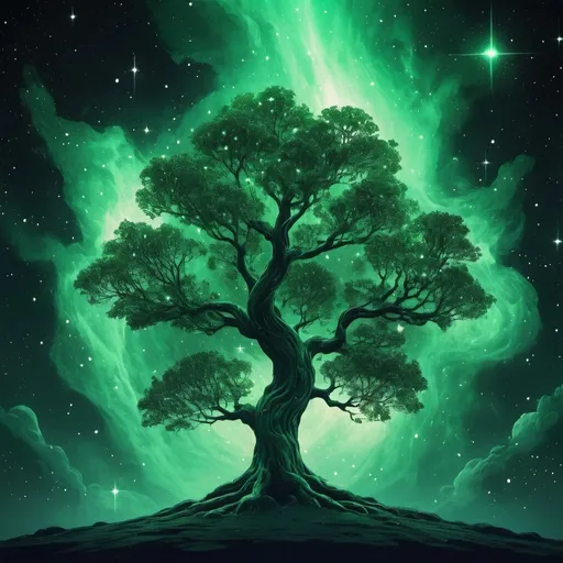 Prompt: A Green Nebula tree surrounded by Stars In Space 2D art style 