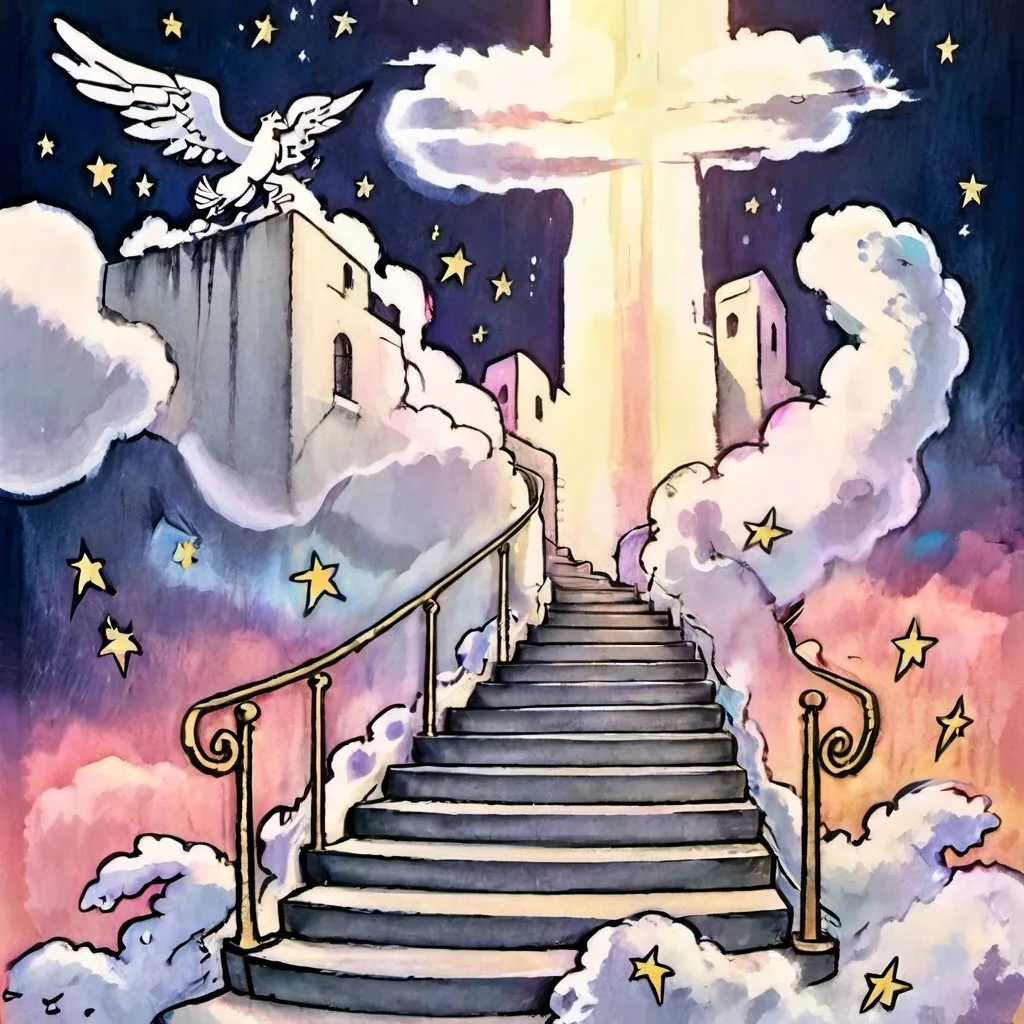 Prompt: illustration pop art style, Outside, an illustration concept art the beautiful, heavenly, and ethereal and very very long marble Stairway to Heaven that ascends upward through the fluffy clouds to the exquisite Pearly Gates of Heaven, magical aura, bright, bold, heavenly colors that radiate, shooting stars, masterpiece, 8k resolution astral, luminescent, hyperdetailed, detailed, serene, mystical, magical, celestial