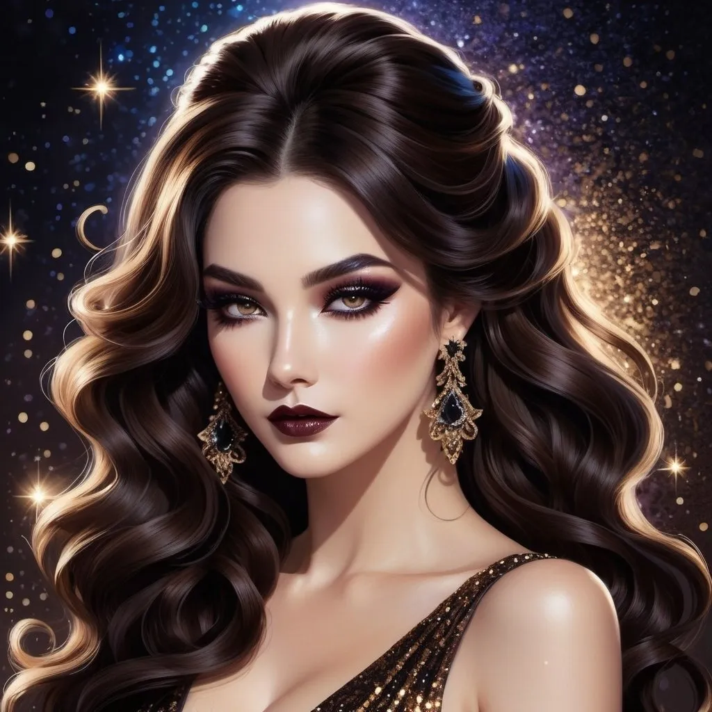 Prompt: illustration style, full body image, solo beautiful goddess of darkness, long wavy brown hair that's half swept up, dark glittery movie star makeup, black (#0b0f0f) lace, magically controlling and enchanting the mystical shadows and spirits that dance around her with the dark magic dancing from her fingertips
