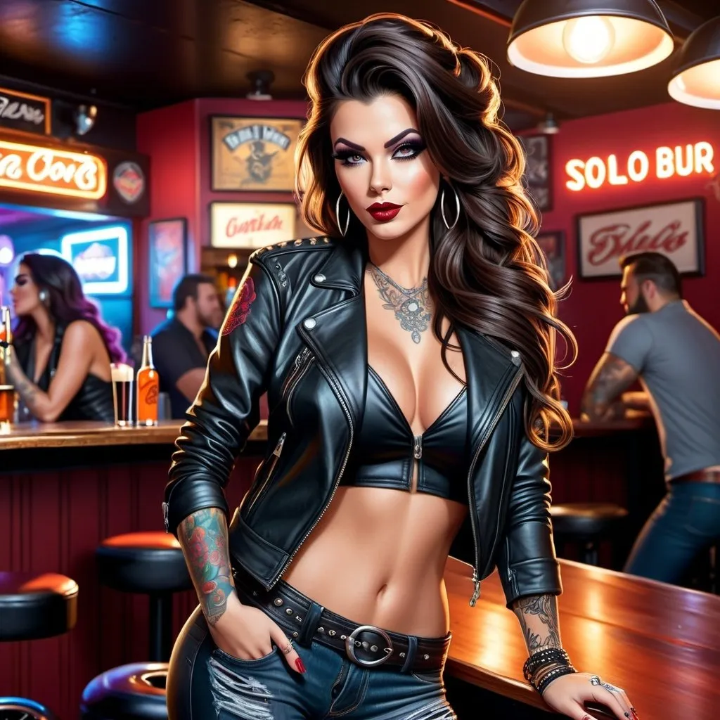 Prompt: illustration style, full body photo, solo beautiful brunette female tattoed biker, movie star makeup, really long wavy hair that's swept up into an updo, hanging out in a biker bar
