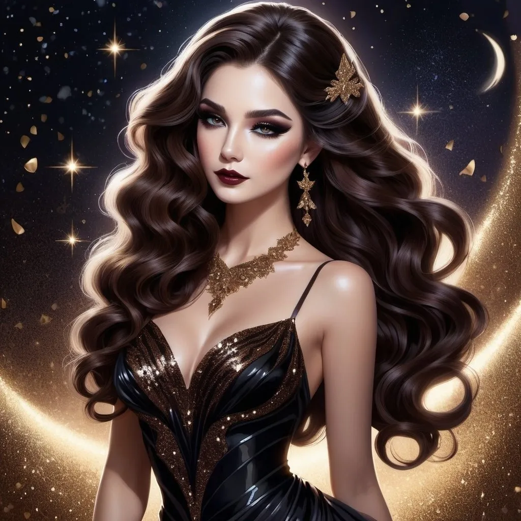 Prompt: illustration style, full body image, solo beautiful goddess of darkness, long wavy brown hair that's half swept up, dark glittery movie star makeup, black (#0b0f0f) lace, magically controlling and enchanting the mystical shadows and spirits that dance around her with the dark magic dancing from her fingertips
