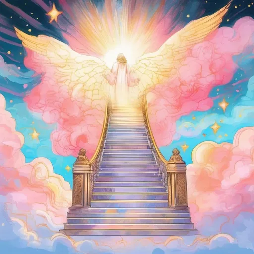 Prompt: illustration pop art style, Outside, an illustration concept art the beautiful, heavenly, and ethereal and very very long marble Stairway to Heaven that ascends upward through the fluffy clouds to the exquisite Pearly Gates of Heaven, magical aura, bright, bold, heavenly colors that radiate, shooting stars, masterpiece, 8k resolution astral, luminescent, hyperdetailed, detailed, serene, mystical, magical, celestial