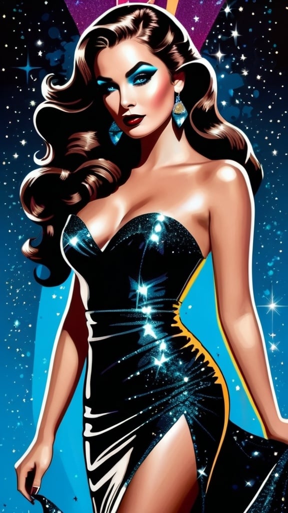 Prompt: illustration pop art style, full body image, beautiful goddess of darkness, long wavy brown hair that's half swept up, dark glittery movie star makeup, black (#0b0f0f) lace, magically controlling and enchanting the mystical shadows and spirits that dance around her with the dark magic dancing from her fingertips
