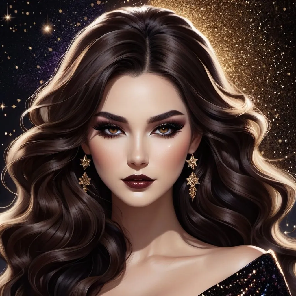 Prompt: illustration style, full body image, solo beautiful goddess of darkness, long wavy brown hair that's half swept up, dark glittery movie star makeup, black (#0b0f0f) lace, magically controlling and enchanting the mystical shadows and spirits that dance around her with the dark magic dancing from her fingertips
