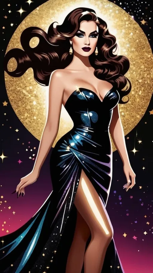 Prompt: illustration pop art style, full body image, beautiful goddess of darkness, long wavy brown hair that's half swept up, dark glittery movie star makeup, black (#0b0f0f) lace, magically controlling and enchanting the mystical shadows and spirits that dance around her with the dark magic dancing from her fingertips
