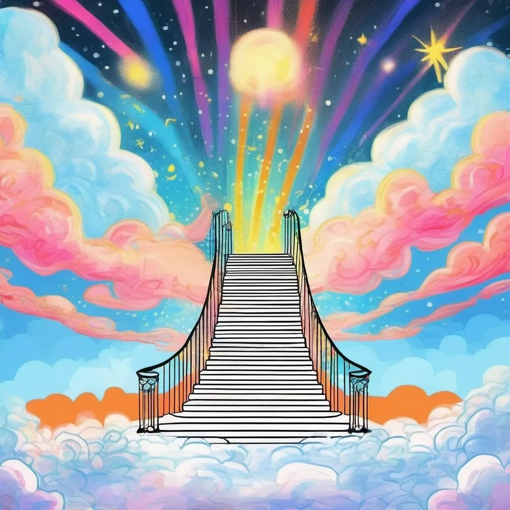 Prompt: illustration pop art style, Outside, an illustration concept art the beautiful, heavenly, and ethereal and very very long marble Stairway to Heaven that ascends upward through the fluffy clouds to the exquisite Pearly Gates of Heaven, magical aura, bright, bold, heavenly colors that radiate, shooting stars, masterpiece, 8k resolution astral, luminescent, hyperdetailed, detailed, serene, mystical, magical, celestial