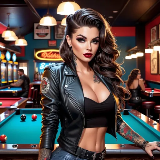 Prompt: illustration style, full body photo, solo beautiful brunette female tattoed biker, movie star makeup, really long wavy hair that's swept up into an updo, playing pool in a biker bar