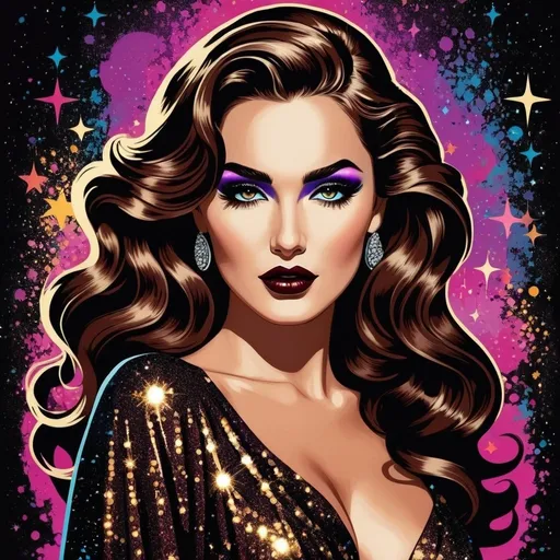 Prompt: illustration pop art style, full body image, beautiful goddess of darkness, long wavy brown hair that's half swept up, dark glittery movie star makeup, black (#0b0f0f) lace, magically controlling and enchanting the mystical shadows and spirits that dance around her with the dark magic dancing from her fingertips
