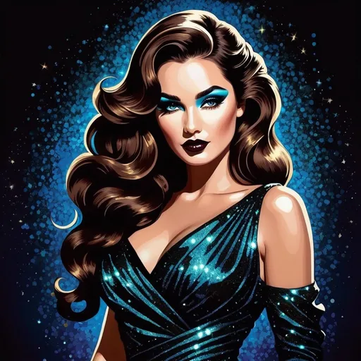 Prompt: illustration pop art style, full body image, beautiful goddess of darkness, long wavy brown hair that's half swept up, dark glittery movie star makeup, black (#0b0f0f) lace, magically controlling and enchanting the mystical shadows and spirits that dance around her with the dark magic dancing from her fingertips
