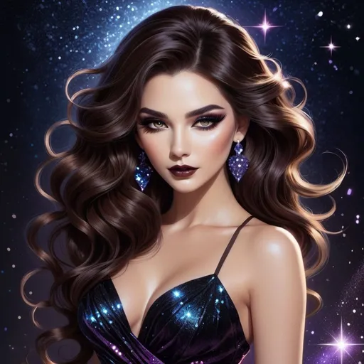 Prompt: illustration style, full body image, solo beautiful goddess of darkness, long wavy brown hair that's half swept up, dark glittery movie star makeup, black (#0b0f0f) lace, magically controlling and enchanting the mystical shadows and spirits that dance around her with the dark magic dancing from her fingertips
