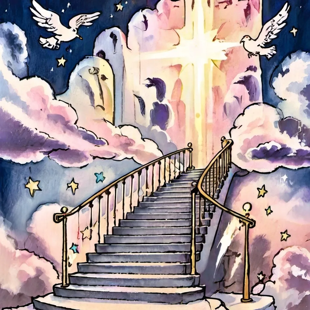 Prompt: illustration pop art style, Outside, an illustration concept art the beautiful, heavenly, and ethereal and very very long marble Stairway to Heaven that ascends upward through the fluffy clouds to the exquisite Pearly Gates of Heaven, magical aura, bright, bold, heavenly colors that radiate, shooting stars, masterpiece, 8k resolution astral, luminescent, hyperdetailed, detailed, serene, mystical, magical, celestial