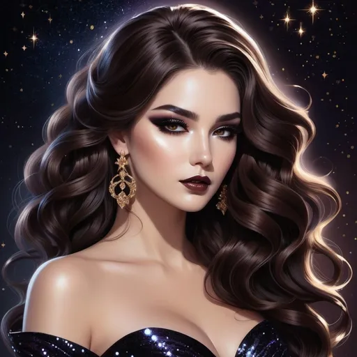 Prompt: illustration style, full body image, solo beautiful goddess of darkness, long wavy brown hair that's half swept up, dark glittery movie star makeup, black (#0b0f0f) lace, magically controlling and enchanting the mystical shadows and spirits that dance around her with the dark magic dancing from her fingertips
