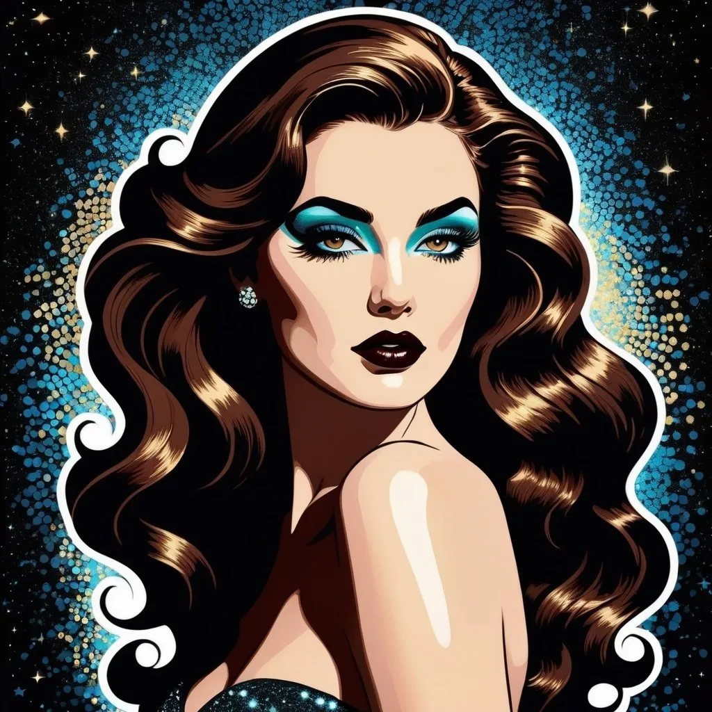 Prompt: illustration pop art style, full body image, beautiful goddess of darkness, long wavy brown hair that's half swept up, dark glittery movie star makeup, black (#0b0f0f) lace, magically controlling and enchanting the mystical shadows and spirits that dance around her with the dark magic dancing from her fingertips
