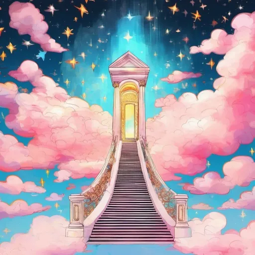 Prompt: illustration pop art style, Outside, an illustration concept art the beautiful, heavenly, and ethereal and very very long marble Stairway to Heaven that ascends upward through the fluffy clouds to the exquisite Pearly Gates of Heaven, magical aura, bright, bold, heavenly colors that radiate, shooting stars, masterpiece, 8k resolution astral, luminescent, hyperdetailed, detailed, serene, mystical, magical, celestial