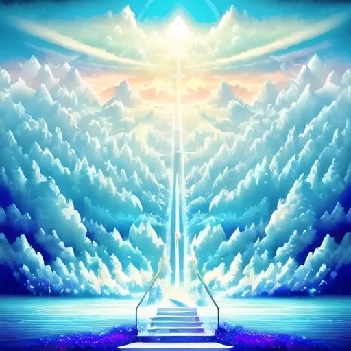 Prompt: illustration pop art style, Outside, an illustration concept art the beautiful, heavenly, and ethereal and very very long marble Stairway to Heaven that ascends upward through the fluffy clouds to the exquisite Pearly Gates of Heaven, magical aura, bright, bold, heavenly colors that radiate, shooting stars, masterpiece, 8k resolution astral, luminescent, hyperdetailed, detailed, serene, mystical, magical, celestial