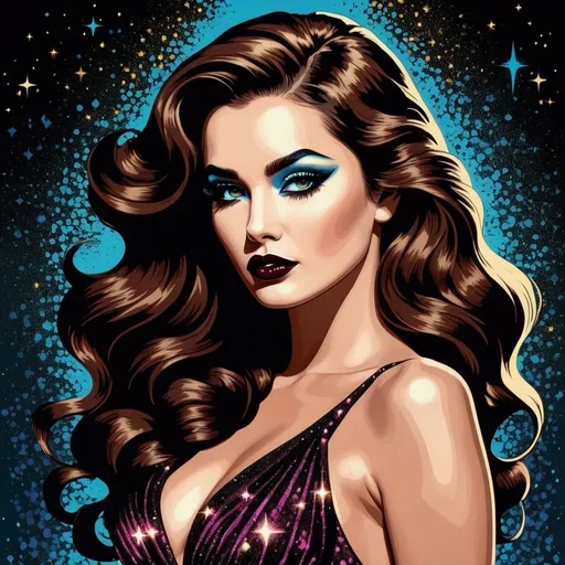 Prompt: illustration pop art style, full body image, beautiful goddess of darkness, long wavy brown hair that's half swept up, dark glittery movie star makeup, black (#0b0f0f) lace, magically controlling and enchanting the mystical shadows and spirits that dance around her with the dark magic dancing from her fingertips
