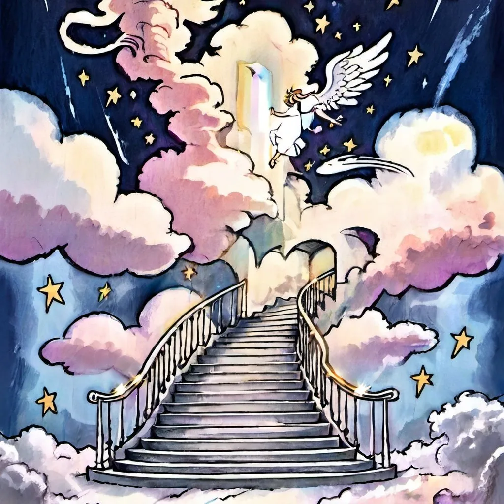 Prompt: illustration pop art style, Outside, an illustration concept art the beautiful, heavenly, and ethereal and very very long marble Stairway to Heaven that ascends upward through the fluffy clouds to the exquisite Pearly Gates of Heaven, magical aura, bright, bold, heavenly colors that radiate, shooting stars, masterpiece, 8k resolution astral, luminescent, hyperdetailed, detailed, serene, mystical, magical, celestial