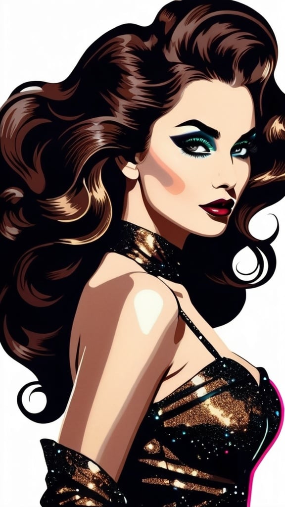 Prompt: illustration pop art style, full body image, beautiful goddess of darkness, long wavy brown hair that's half swept up, dark glittery movie star makeup, black (#0b0f0f) lace, magically controlling and enchanting the mystical shadows and spirits that dance around her with the dark magic dancing from her fingertips
