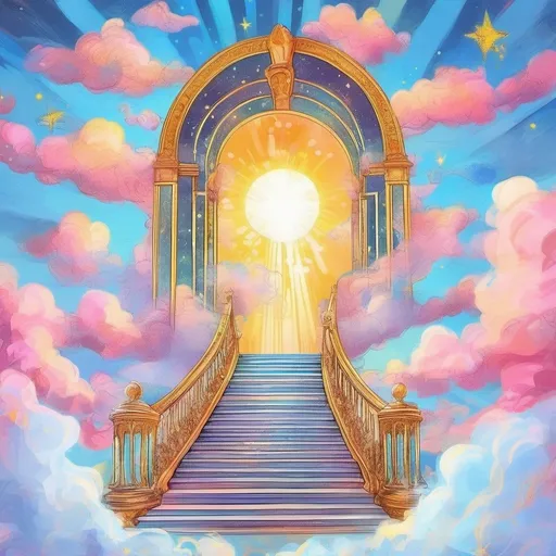 Prompt: illustration pop art style, Outside, an illustration concept art the beautiful, heavenly, and ethereal and very very long marble Stairway to Heaven that ascends upward through the fluffy clouds to the exquisite Pearly Gates of Heaven, magical aura, bright, bold, heavenly colors that radiate, shooting stars, masterpiece, 8k resolution astral, luminescent, hyperdetailed, detailed, serene, mystical, magical, celestial